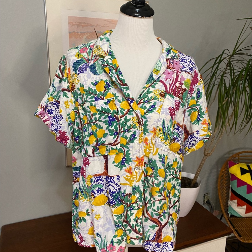 Anthropologie Pink Graphic Boxy Button Down Shirt